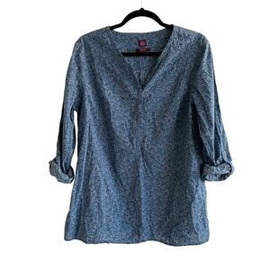 LIBERTY ART FABRICS Cotton Floral Print Popover Long Sleeve Blouse Blue L